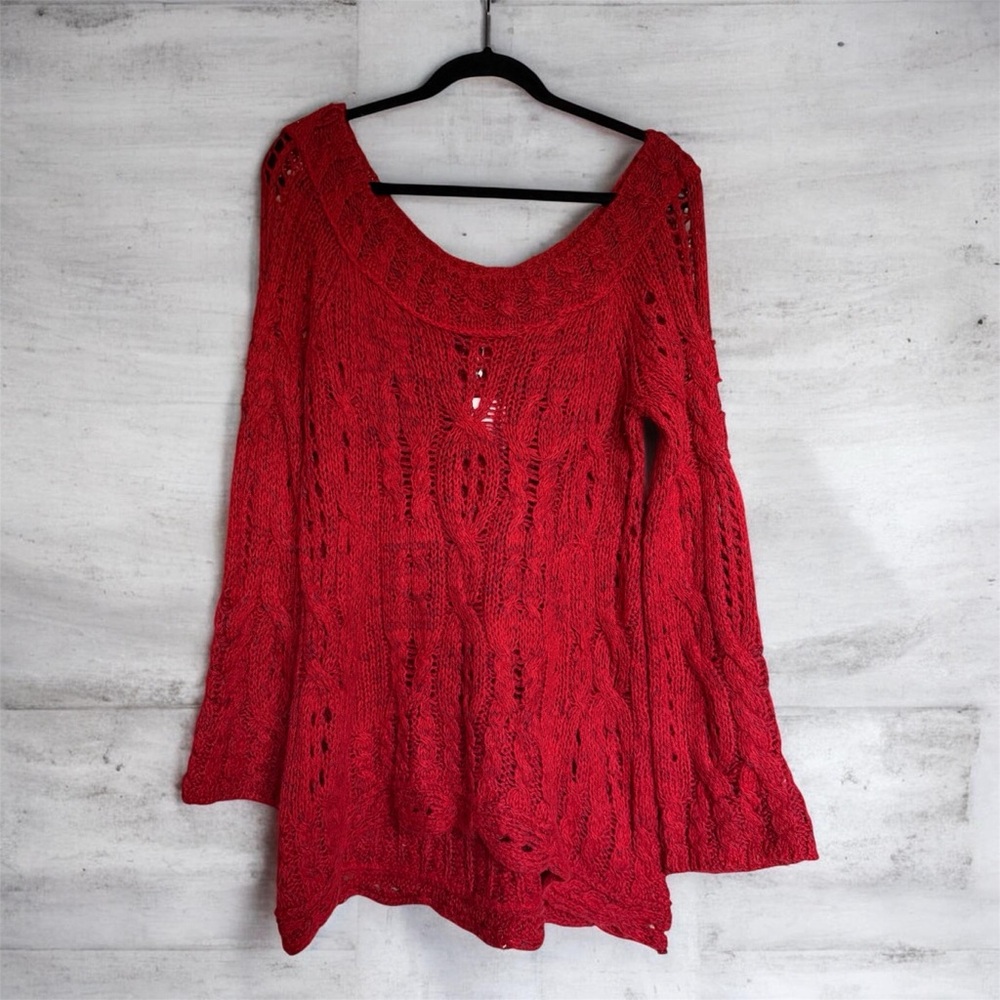 Free People Red Open-Knit Off-the-Shoulder Sweater NWT